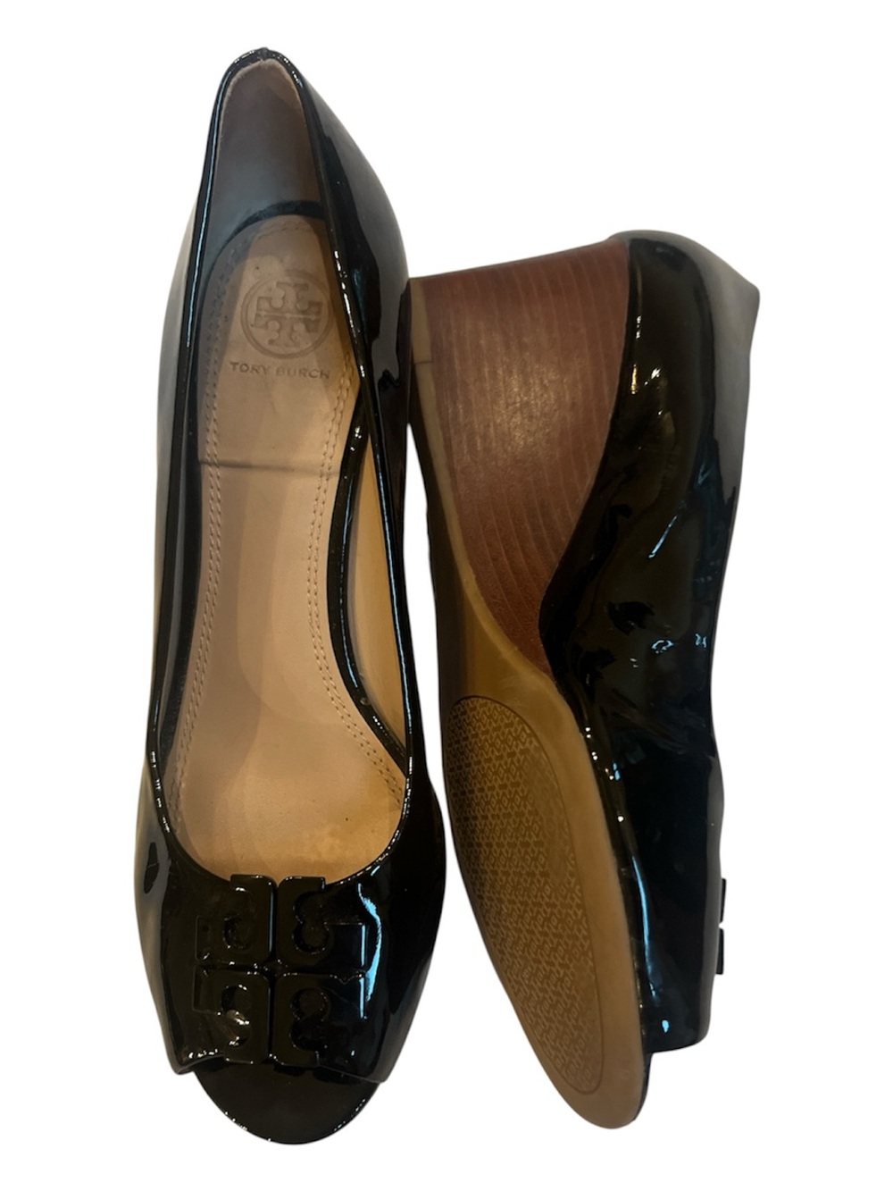 Tory Burch Black Patent Leather Wedge Flats with Logo peep toe 9M